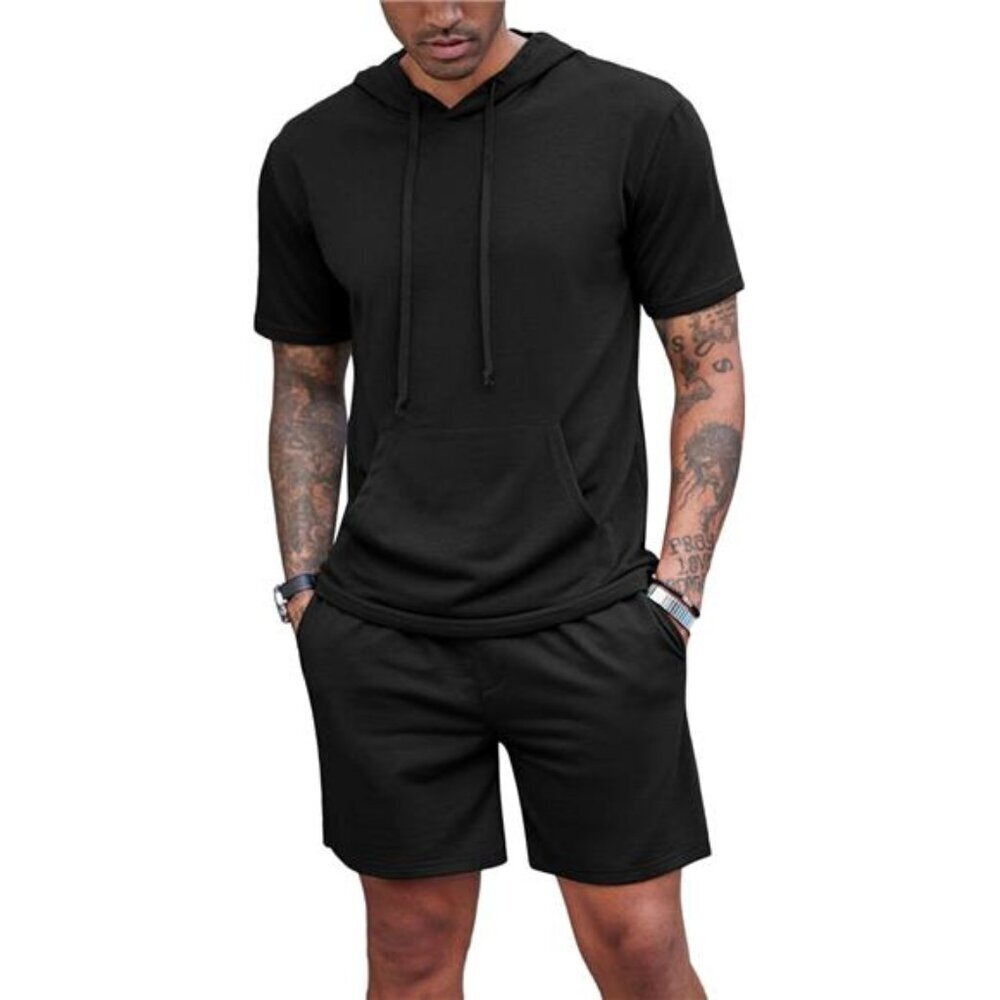 Casual Hooded Tracksuit 2 Piece Short Sleeve Set for Men